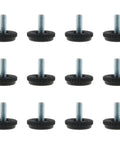 12 Pack 1/4-20 Threaded Furniture Levelers With Non Slip Pads, adjustable table leg levelers shown aligned, highlighting durable galvanized screw bases.