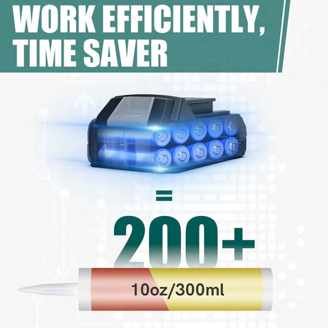 Cordless Caulking Gun Kit With Six Speed Control illustration showing battery efficiency with 200+ cartridge uses.