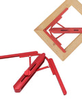 No Sweat Miter Saw Angle Duplicator Professional Grade Foldable Angle Finder Protractor on wood frame, red aluminum, 180-degree measuring.
