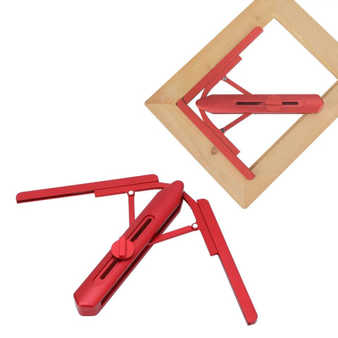 No Sweat Miter Saw Angle Duplicator Professional Grade Foldable Angle Finder Protractor on wood frame, red aluminum, 180-degree measuring.