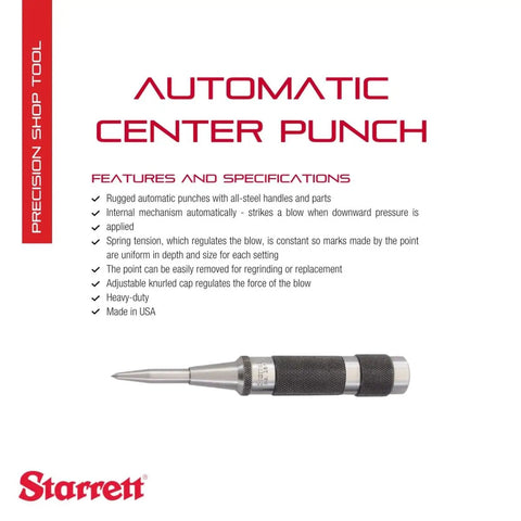Automatic Center Punch With Adjustable Stroke For Precise Marking, 5-1/4 Inch Length, 11/16 Inch Punch Diameter, displayed with specs