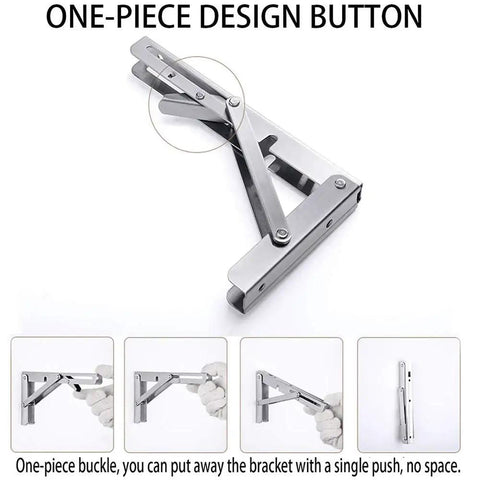Heavy Duty 12 Inch Folding Shelf Brackets Stainless Steel Collapsible Shelf Brackets for Garage Kitchen Workshop Boat & More, 550 lb max load, showing one-piece design button.