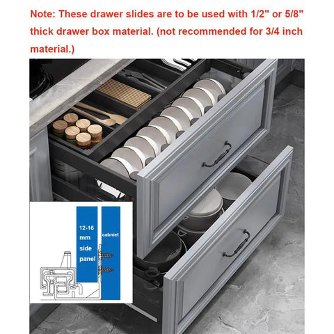 Six Pair Of 22 Inch Undermount Soft Close Drawer Slides Featuring Smooth Operator Glide Mechanics shown in kitchen cabinet with dishes.