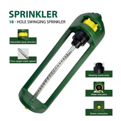 Heavy Duty Oscillating Lawn Sprinkler With 18 Brass Nozzles Delivers Up To 3,600 Sq Ft Coverage, Adjustable Spray Angles