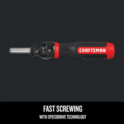 Side view of SpeedDrive Ratcheting Screwdriver That Drives Screws 2X Faster With In Handle Bit Storage, black and red handle