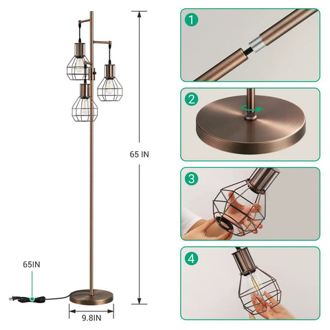 Industrial Dimmable Floor Lamp With 3 LED Bulbs Included, Rustic Tree Style Standing Lamp For Living Room Bedroom And Office, 65 Inch Tall, Stepless Dimmer Rotary Switch, Farmhouse Brown Vibe