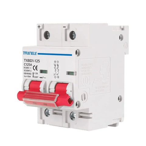 Two Pole 125A 600V DC Miniature Circuit Breaker for Solar PV Setups, DIN Rail Mount Battery Disconnect Switch, Short Circuit Protection Isolator
