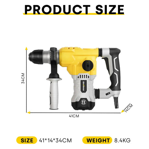 Heavy Duty 1-1/4 Inch SDS Plus Rotary Hammer Drill For Concrete And Stone, dimensions labeled with 12 Amp motor.