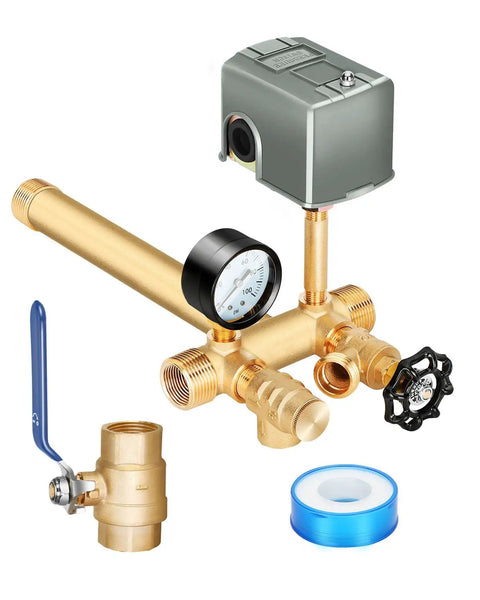 Well Water Pressure Tank Tee Kit With 40-60 Psi Switch, 100 Psi Gauge, brass components, relief and drain valves, 1 Inch NPT Ends