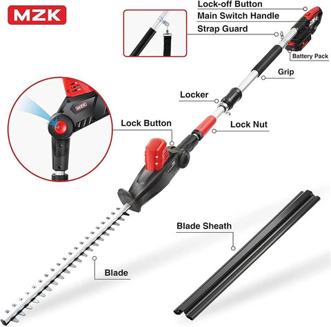 Cordless Pole Hedge Trimmer Attachment With 23 Inch Blade, 8 Foot Reach, Multi Angle Head, Extension Pole, Dual Battery System