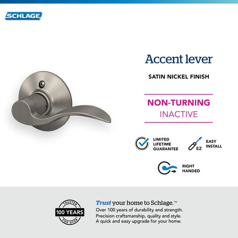 Right Hand Satin Nickel Accent Door Lever Non Turning Dummy Handle Surface Mounted Decorative Door Pull For Inactive Door Or Double Door Setup Perfect For Home Renovations And Modern Interiors
