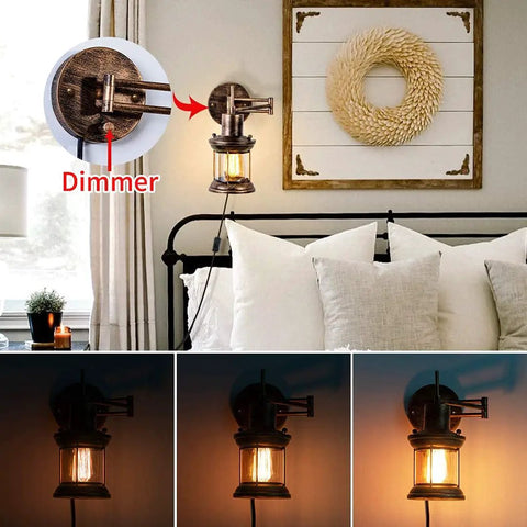 Farmhouse Dimmable Swing Arm Wall Light Two Pack Hardwire Or Plug In Rustic Vintage Sconce shown in bedroom above bed