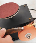 Heavy Duty Dual Motor Benchtop Grinder Featuring Rock Solid Steel Construction Copper Wired Motors Smooth Grinding Action Zero Lag Polisher in use with sparks flying