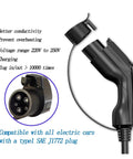 Straight Up Heavy Duty Portable Electric Charger With Type One Cable And Cee Plug 32 Amp 7 Kilowatt J1772 Adapter close-up view with SAE J1772 plug.