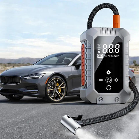 Portable Wireless Tire Inflator With Digital Pressure Gauge No Sweat Air Compressor For Cars Motorcycles Bikes And Balls Road Trip Ready Quick Fix next to a stylish gray car.