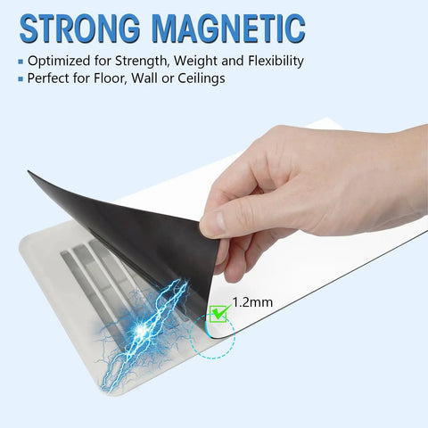 Hand demonstrating magnetic hold of Six Pack Magnetic Vent Covers For Home HVAC 5.5 By 12 Inches, Seamless Fit For Ceiling, Floor And Wall Vents.