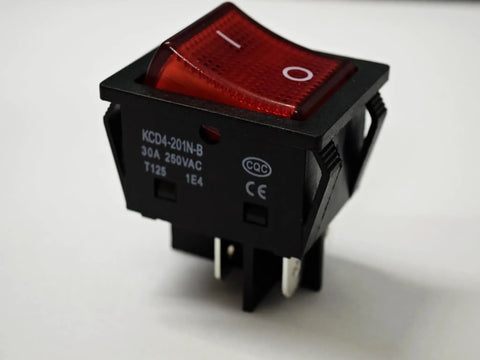 Heavy Duty 30A 250V DPST Rocker Switch 4 Pin Red Lighted On Off Toggle For 120V Or 240V Use, High Current 30 Amp Rating, Dual Pole Single Throw Switch, T125 Temperature Range Minus 25 To 85 Celsius, 2 Pack, red rocker switch close-up