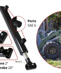 Magister hydraulic cylinder, 2 in bore x 20 in stroke, black welded ram with cross-tube ends; front and side views