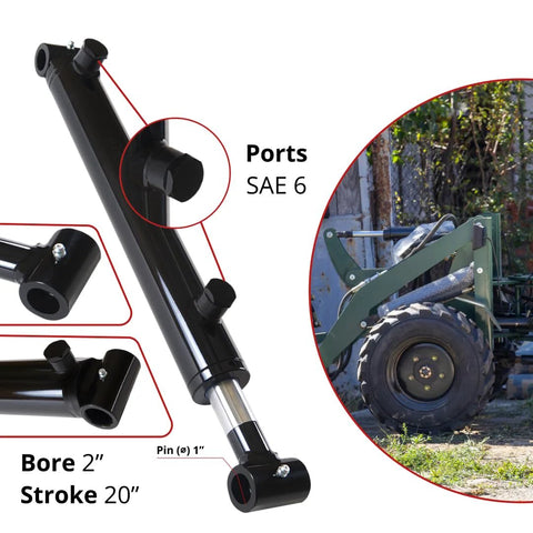 Magister hydraulic cylinder, 2 in bore x 20 in stroke, black welded ram with cross-tube ends; front and side views