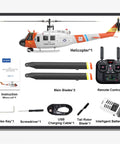 One Thirty Fourth Scale UH Huey RC Helicopter with GPS Positioning and accessories, including remote control and battery.