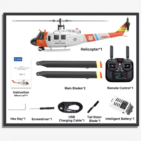 One Thirty Fourth Scale UH Huey RC Helicopter with GPS Positioning and accessories, including remote control and battery.