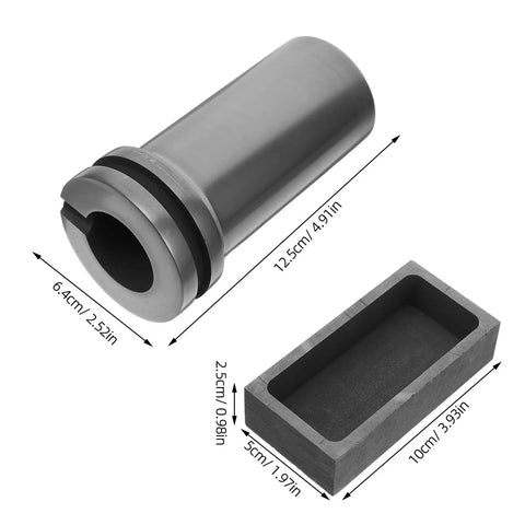 Heavy Lifter Graphite Crucible And Metal Smelting Mold Set With Integrated Oil Traps, graphite cylinder and mold dimensions.