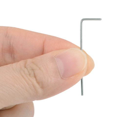 Close-up of a hand holding a single piece from the 0.9mm Hex Key Wrench Set with 5 Pcs, L Shaped Allen Keys for Precise CRV Repairing Tool.