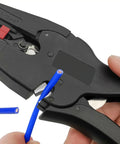 Automatic Wire Stripper And Cutter 2 In 1 For 32-7 AWG Wires stripping blue wire with clean cutting precision.