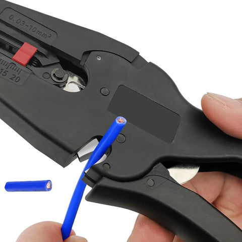 Automatic Wire Stripper And Cutter 2 In 1 For 32-7 AWG Wires stripping blue wire with clean cutting precision.