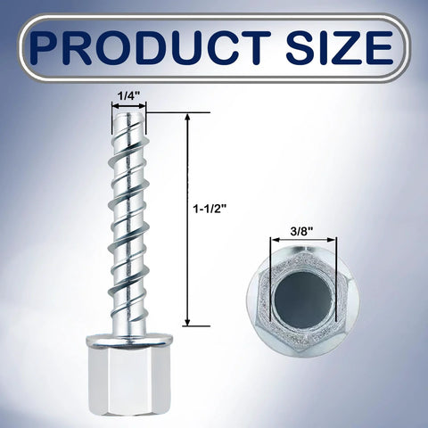 Three Eighths Inch Concrete Threaded Vertical Rod Anchor With One Quarter Inch Shank And One And One Half Inch Length In Galvanized Carbon Steel Silver Box Of Thirty shown with measurements.