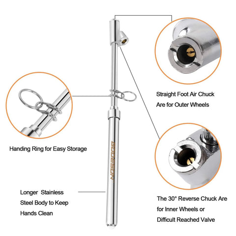Front view of GODESON dual-head tire pressure gauge with stainless steel body and dual chucks