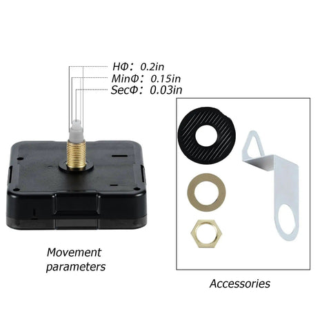 Battery Operated Silent Clock Movement Kit With Hands And Second Hand For DIY Clock Repair Replacement Mechanism Shaft 12mm shown with accessories.