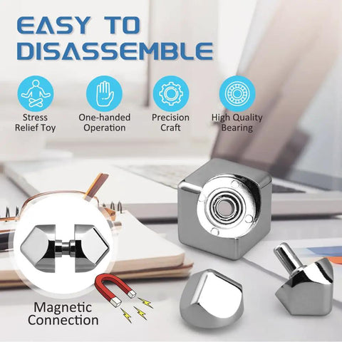 Multimode Fidget Cube Spinner 2 In 1 Gyro Metal Desk Gadget disassembled, magnetic connection, stress relief bearing shown