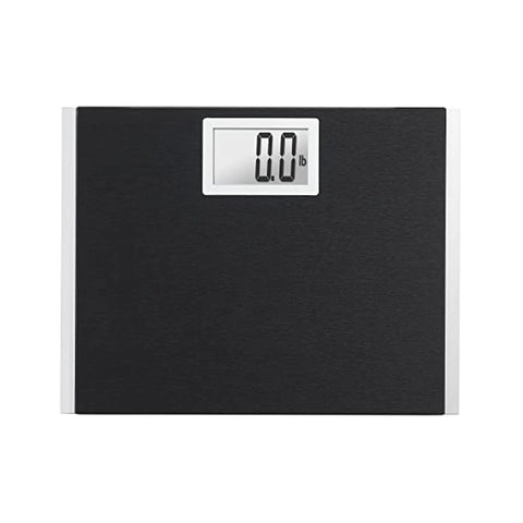 Heavy Duty Body Weight Scale With Extra Wide 15 Inch By 13 Inch Platform Built Tough For Comfortable Feet Fingerprint Resistant Glass Base Ultra Large Backlit LCD 440 Pound Capacity Easy Read Display For Quick Everyday Weights front view with LCD screen showing 0.0 lb