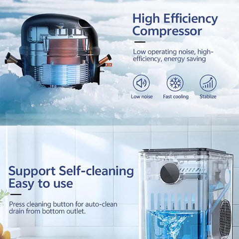 High efficiency compressor of Quick Bullet Ice Maker For Countertop No Fuss Cleanup Makes Fresh Cubes In Six Minutes.