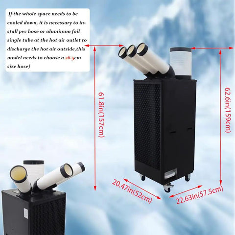 Rock Solid Portable Air Conditioner 2500 Watt 220 Volt Commercial Industrial Cooler with adjustable vents and wheels.