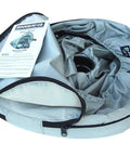 Ultimate Miter Saw Dust Hood Kit With 4 Inch Vacuum Port and carry bag, showing interior baffles and manual.