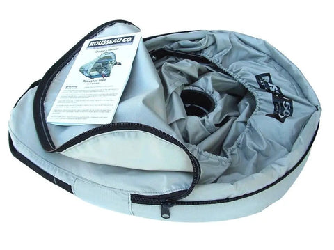 Ultimate Miter Saw Dust Hood Kit With 4 Inch Vacuum Port and carry bag, showing interior baffles and manual.