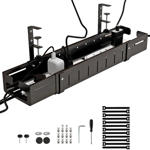Under Desk Cable Management Tray Extendable From 25.2 To 38.6 Inches No Drill No Damage To Desk Clamp On Wire Organizer Black