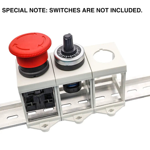 Two Pack 22mm Push Button Switch DIN Rail Mounting Bracket Adapter for Push Buttons and Potentiometers, installed view