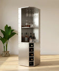 Aviator Wing Shelving Unit With Industrial Aluminum Build Dope Tall Bookshelf And Riveted Aircraft Design, showcasing wine bottles.