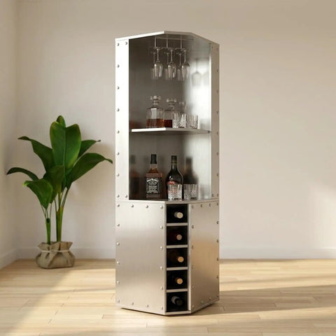 Aviator Wing Shelving Unit With Industrial Aluminum Build Dope Tall Bookshelf And Riveted Aircraft Design, showcasing wine bottles.