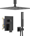 Matte Black Ceiling Mount Rain Shower System With 12 Inch Square Rain Shower Head, Solid Brass Handheld Shower, Shower Mixer Valve