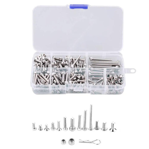 4x4 Stainless Steel Screws Kit For Auto Parts And RC Trucks, organized in plastic box, showcasing various metal fasteners.