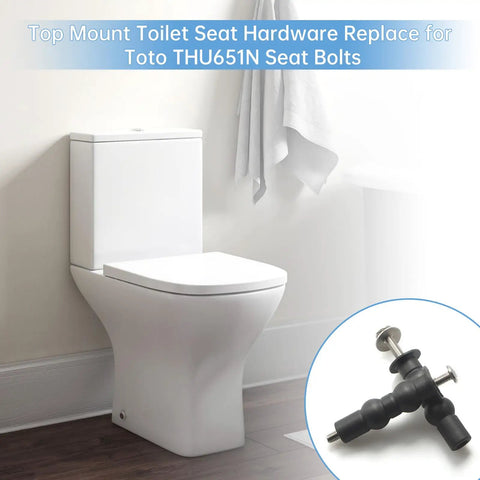 Top Mount Toilet Seat Bolts With Expanding Rubber Anchors For Toto Compatible Fixtures displayed on a toilet.