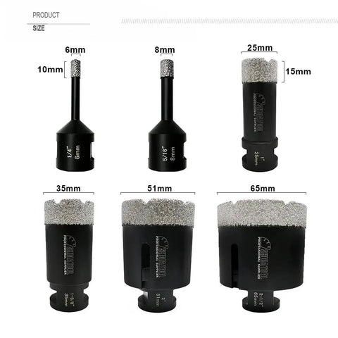 Six diamond core drill bits for tile stone in sizes 6-65mm for dry and wet drilling, visible threads and brazed tips, DIY pros