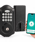Hassle Free Keyless Entry Door Lock With Glowing Backlit Keypad And Smart Bluetooth App Control In Classy Matte Black Finish, close-up view.