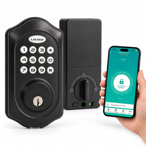 Hassle Free Keyless Entry Door Lock With Glowing Backlit Keypad And Smart Bluetooth App Control In Classy Matte Black Finish, close-up view.