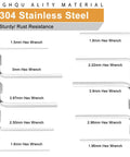 304 stainless steel hex wrenches showing various sizes from 1.5mm to 3.97mm with screw tips, part of 1105 Piece Metric And SAE Set Screw Kit