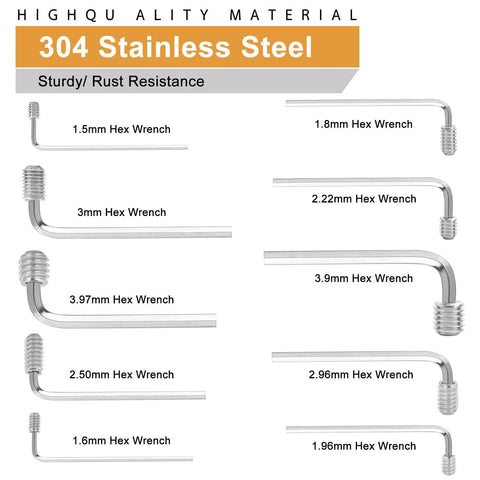 304 stainless steel hex wrenches showing various sizes from 1.5mm to 3.97mm with screw tips, part of 1105 Piece Metric And SAE Set Screw Kit